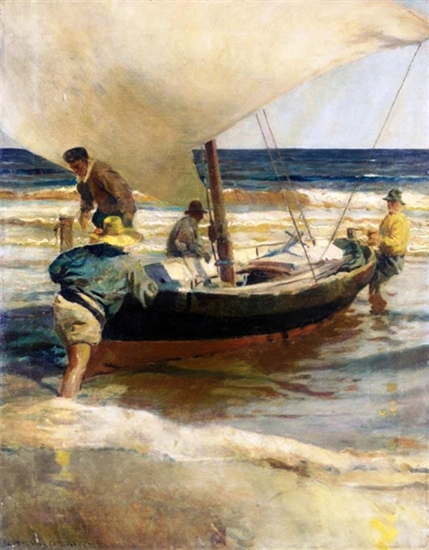 Pescadores arrastrando la barca, Sacando la barca, Enrique Martínez Cubells, Pintor español, Pintores españoles, Martínez Cubells, Paisajes de Enrique Martínez Cubells, Pintores Valencianos