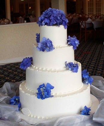 Sugar hydrangea flowers in pale blue on dotted four tier white wedding cake