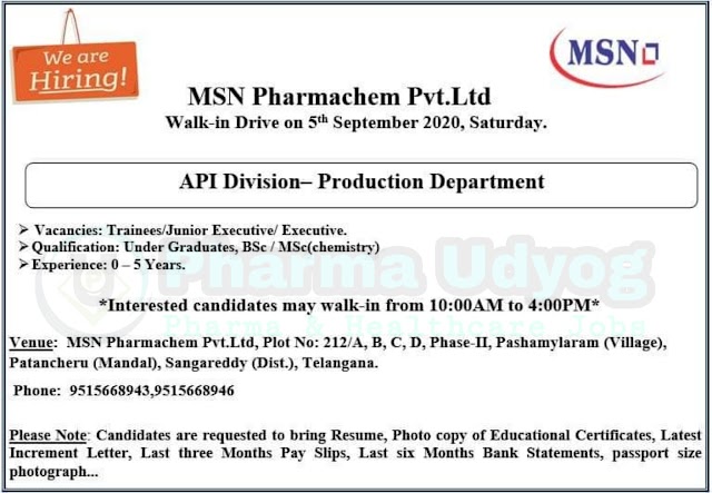 MSN Pharmachem | Walk-in interview for Freshers and Experienced on 5 Sept 2020