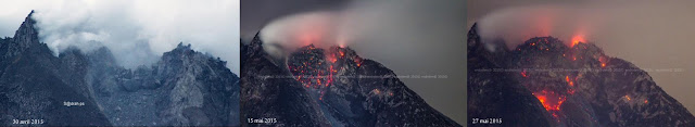 Croissance d'une extrusion de lave au sommet du volcna Sinabung, avril-mai 2015