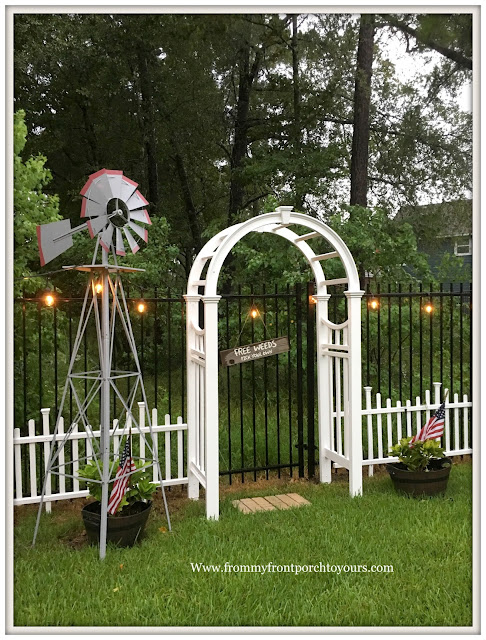 Backyard Landscape-Windmill-Cottage Garden-White picket fence-DIY Garden Sign- White Garden Arbor-From My Front Porch To Yours