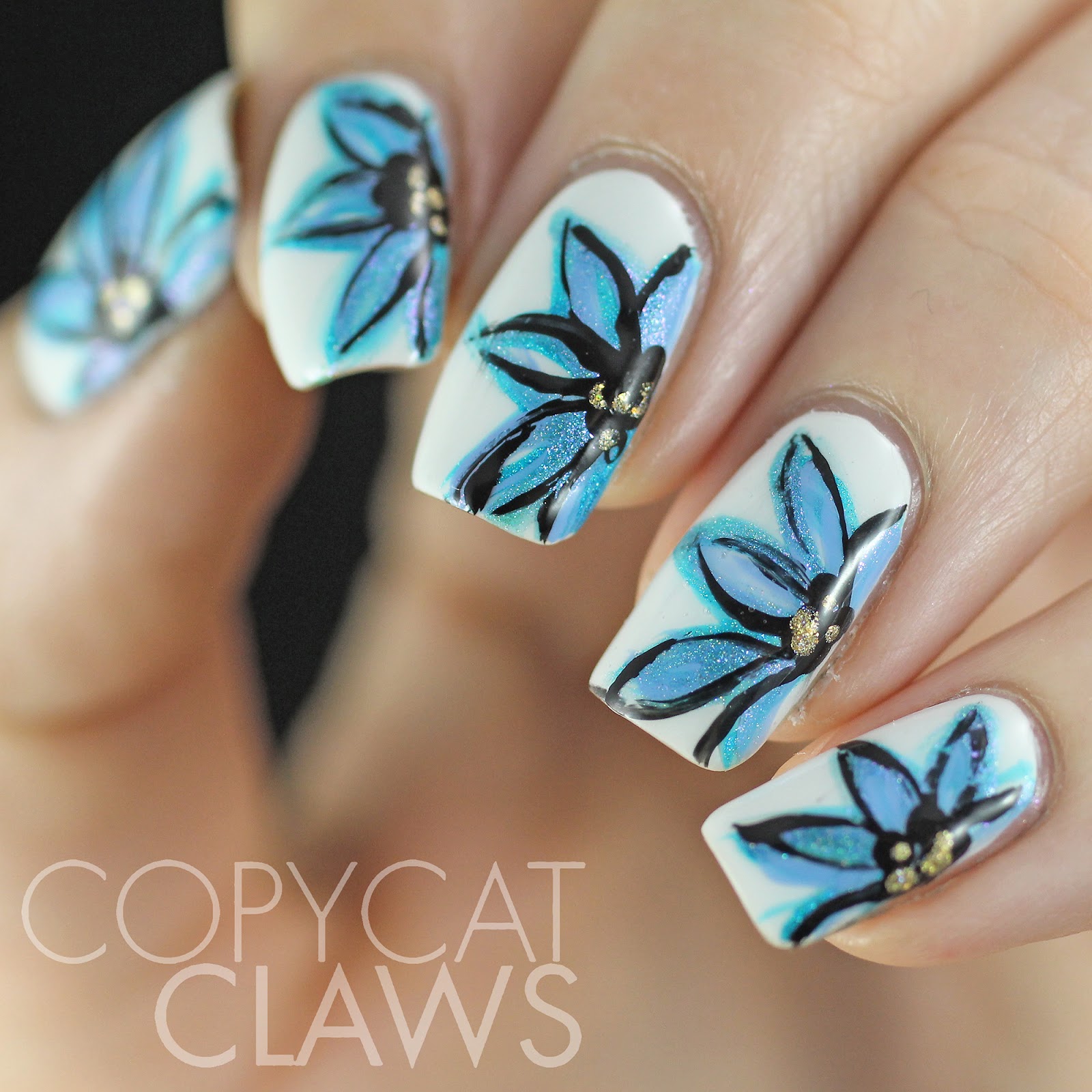 Copycat Claws: Freehand Blue Flower Nail Art