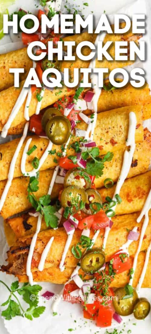 This chicken taquito recipe is so easy to prepare! Made with shredded chicken, cheese, and salsa all wrapped inside a corn tortilla before being baked or fried. These chicken taquitos are the best appetizer, snack or quick weeknight meal! #spendwithpennies #chickentaquitos #taquitos #appetizer #maindish #Mexican #friedtaquitos #bakedtaquitos