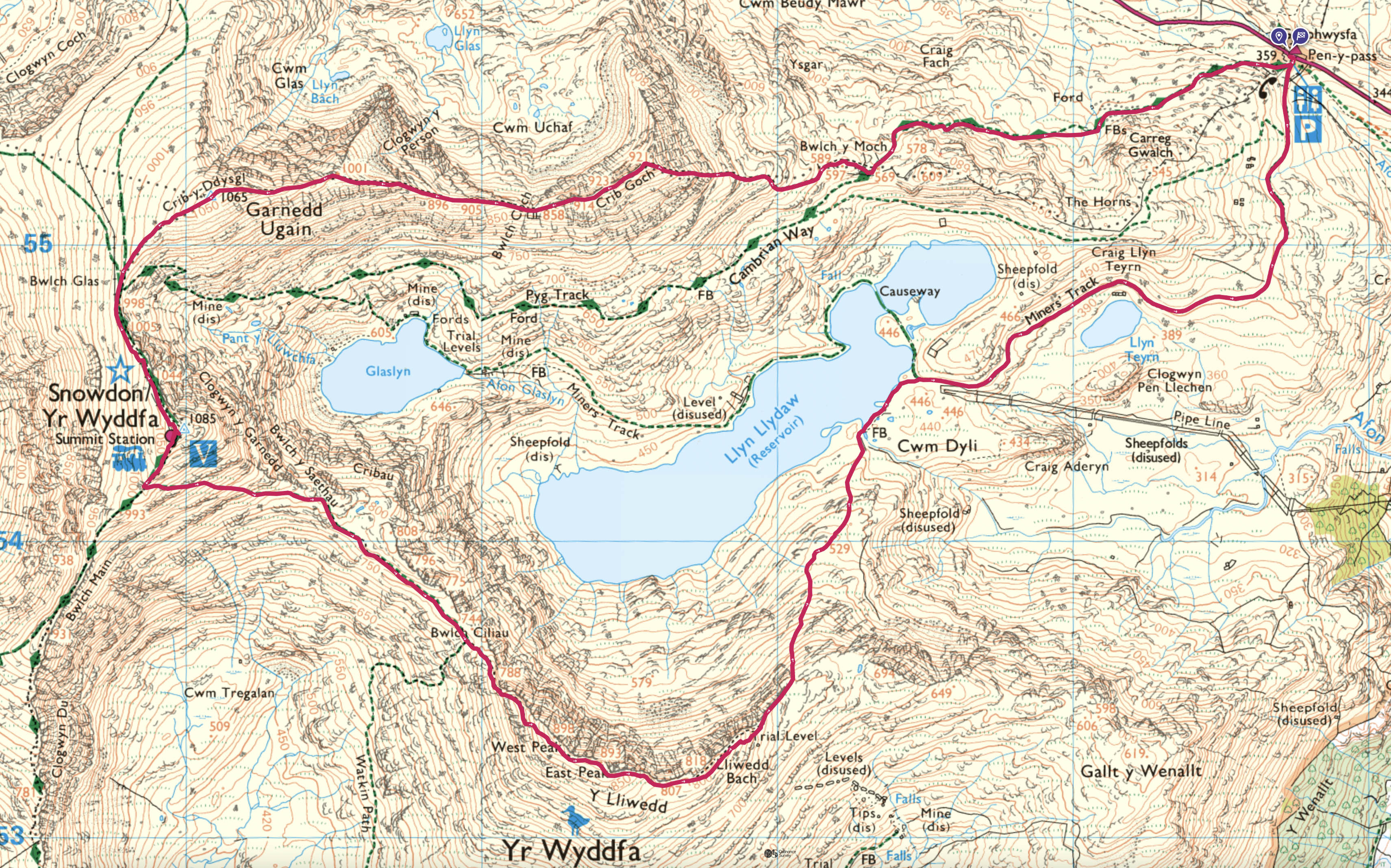 Mount Snowdon walk route map Wales best