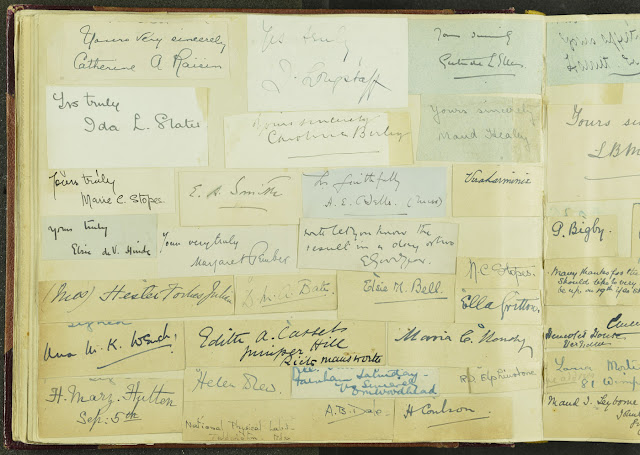 Signatures from an album in the Geologists' Association Carreck Archive. The signatures are all women members.