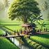 Rural scene featuring a small roadside tea or snack stall located in the middle of lush green rice fields