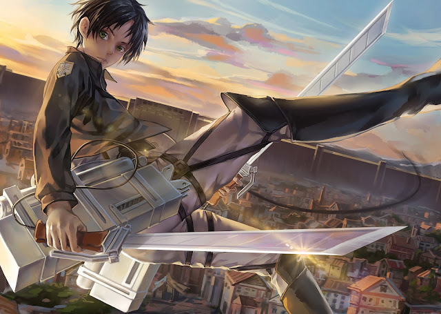   eren jaeger shingeki no kyojin attack on titan 3d maneuver gear city clouds green eyes sky sunset konochan anime hd wallpaper desktop pc background a112. 