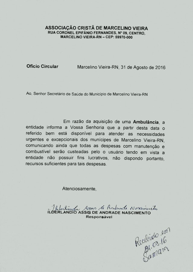 Associação cristã de Marcelino Vieira manda oficio para secretário de saúde do Municipio