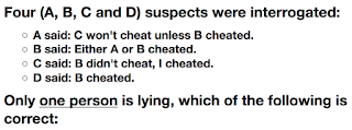 Four (A, B, C and D) suspects were interrogated: A said: C won't cheat unless B cheated. B said: Either A or B cheated. C said: B didn't cheat, I cheated. D said: B cheated. Only one person is lying, who's he?