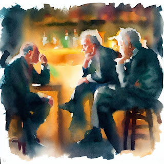 Buntes Aquarell: Drei Männer philosophieren in einer Bar.