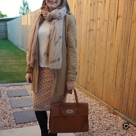 awayfromtheblue camel trench white knit, blush polka dot pencil skirt mulberry bayswater winter office outfit
