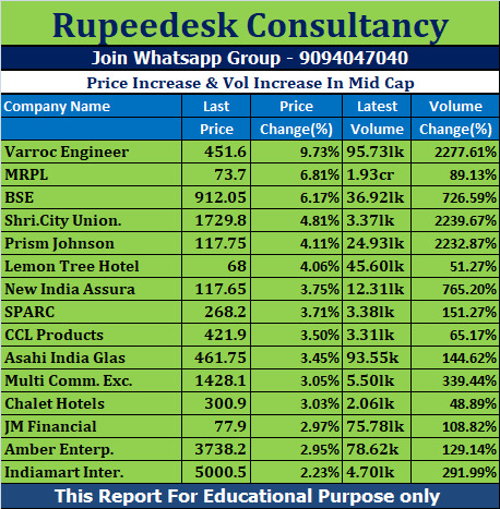 Price Increase & Vol Increase In Mid Cap