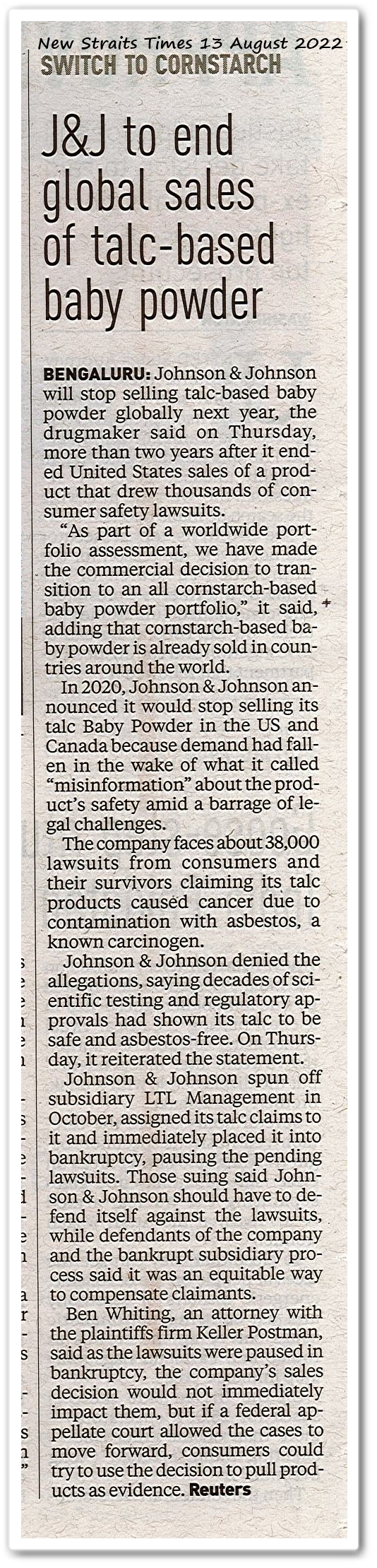 J&J to end global sales of talc-based based baby powder ; Switch to cornstarch - Keratan akhbar New Straits Times 13 August 2022