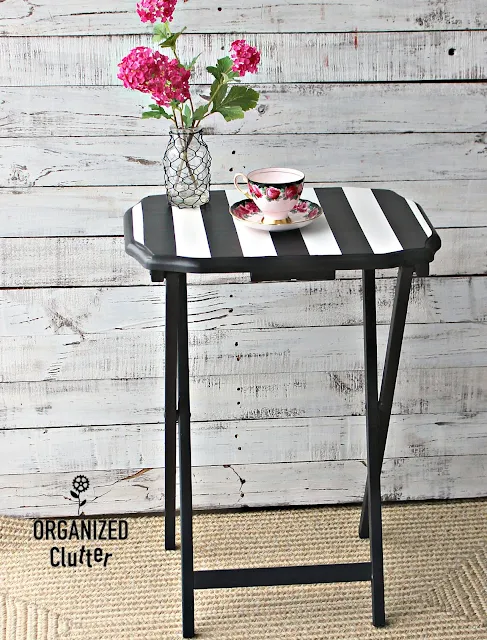 Upcycled Tray Tables With Black And White Stripes #upcycle #garagesalefinds #dixiebellepaint #stripes #frogtape