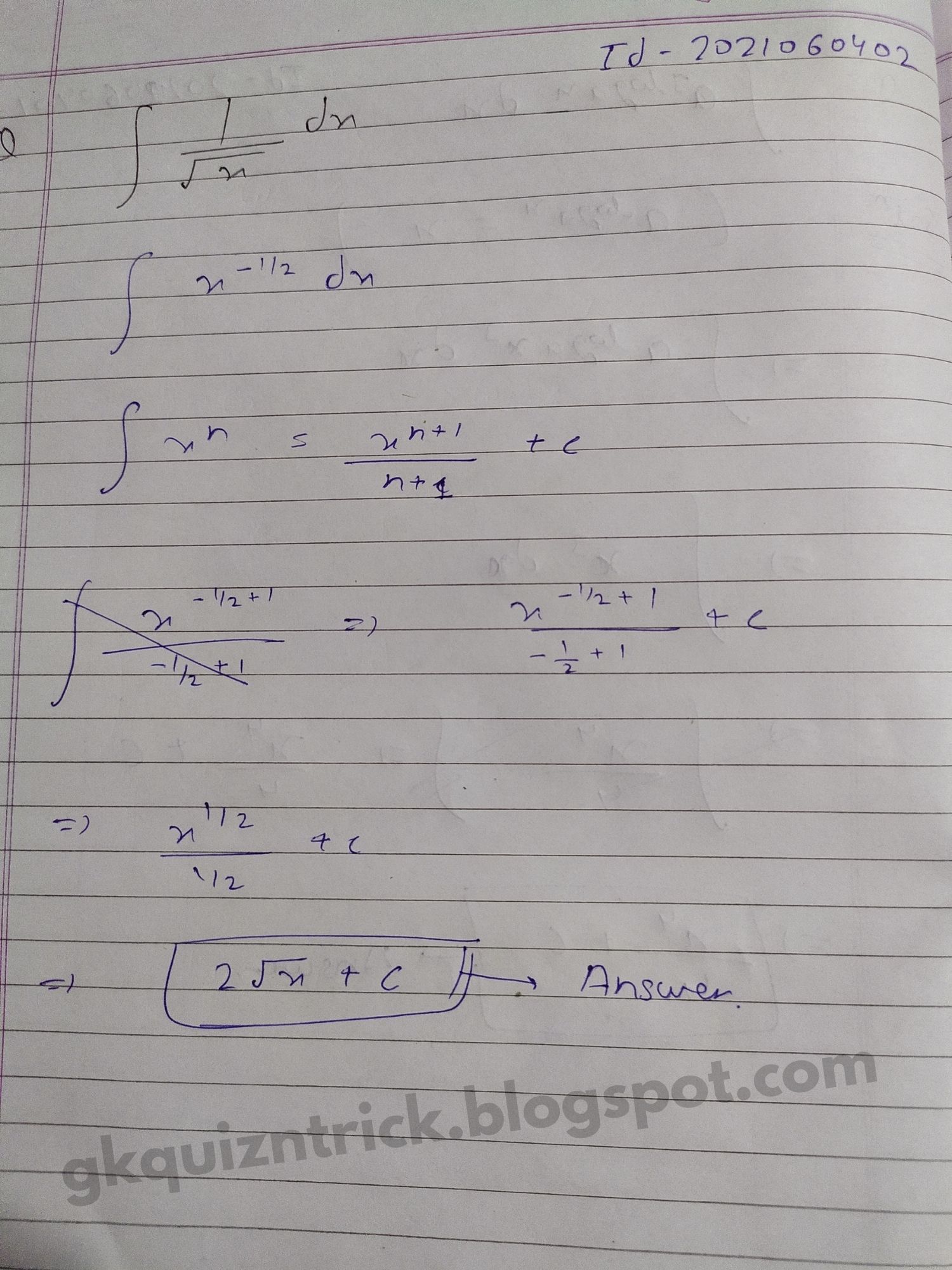 Find Integration of ∫1/√xdx