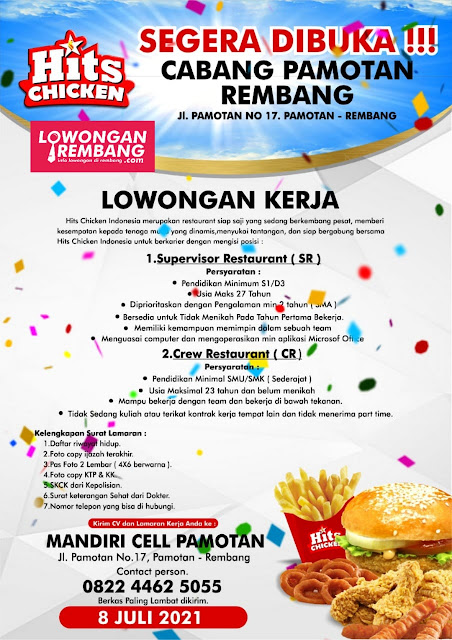 Lowongan Kerja Supervisor Restaurant dan Crew Restaurant Hits Chicken Indonesia Rembang