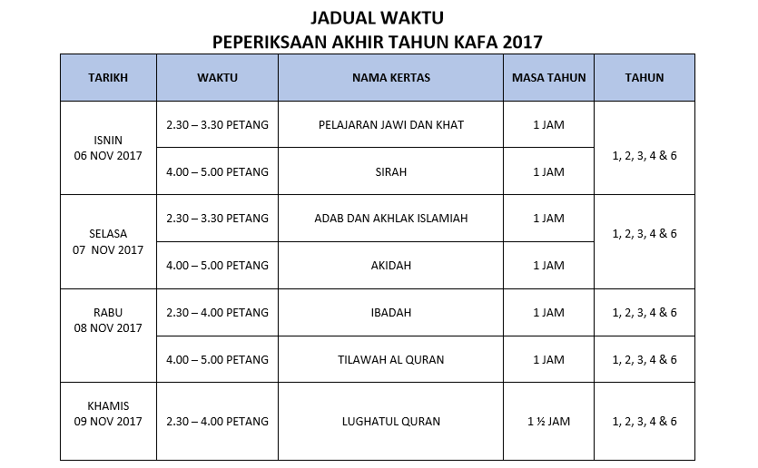 Jadual Peperiksaan Akhir Tahun KAFA 2017  Persatuan Guru 