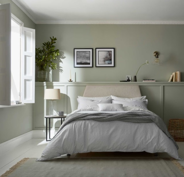 sage green and grey bedroom