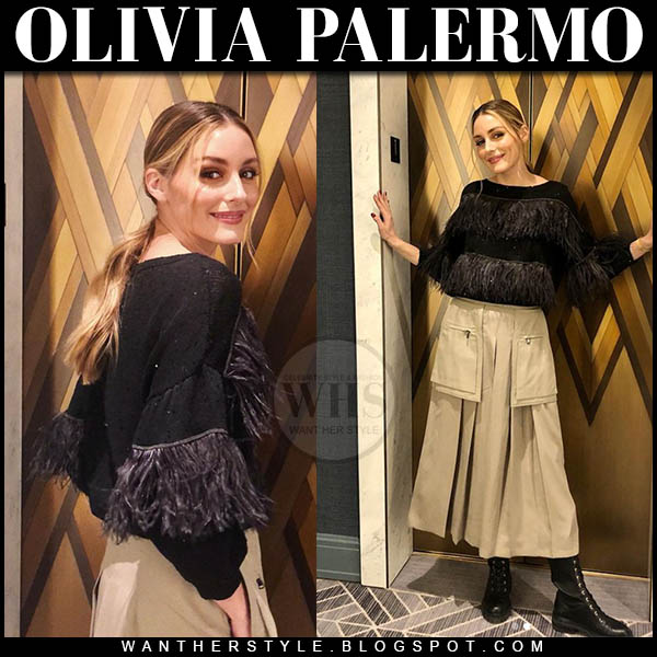 Olivia Palermo in black feather sweater and khaki midi skirt