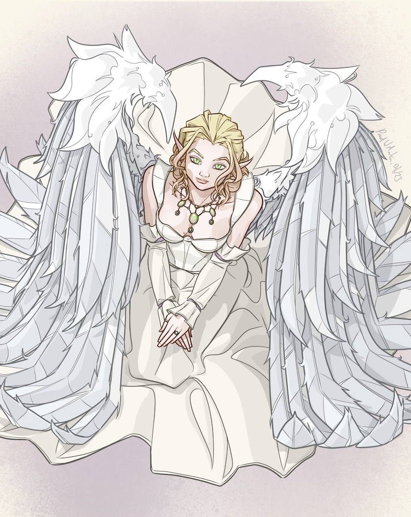 A blonde-haired angel with great white wings, wearing a long dress in cream and ivory. She's sitting looking up at the display, her gown arrayed beneath her across the floor. She's wearing a necklace with green and pink pendant stones, which match her eyes.