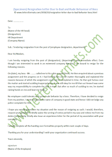 Resignation Letter Due to Bad and Rude Behaviour of Boss (sample)