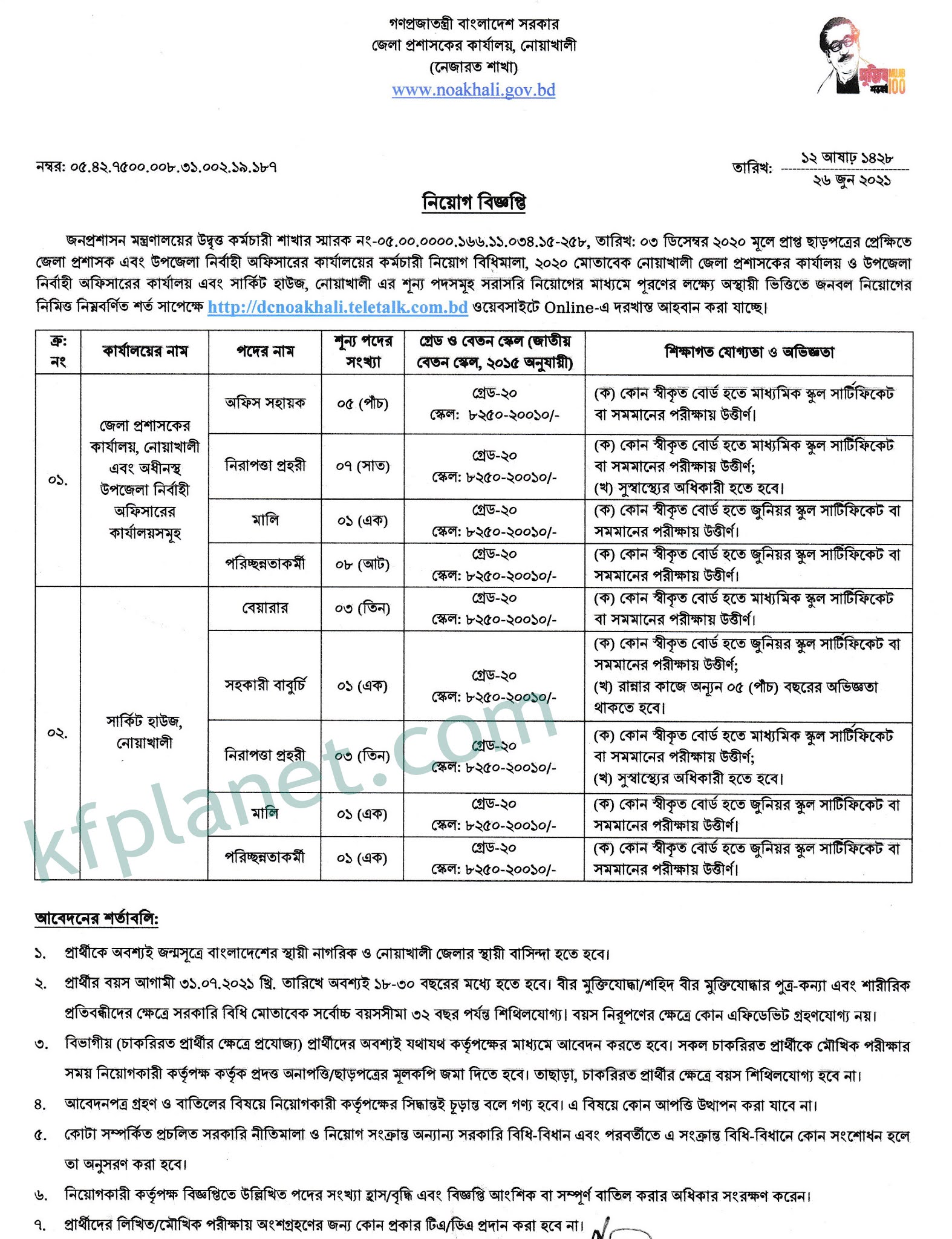 নোয়াখালী জেলা প্রশাসকের কার্যালয়ে নিয়োগ বিজ্ঞপ্তি ২০২১ - Noakhali Deputy Commissioner's Office Recruitment Circular 2021