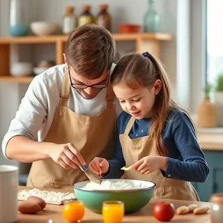 Young girl and her dad in the kitchen, happily mixing batter in a bowl together, surrounded by baking ingredients, sharing a fun and bonding moment