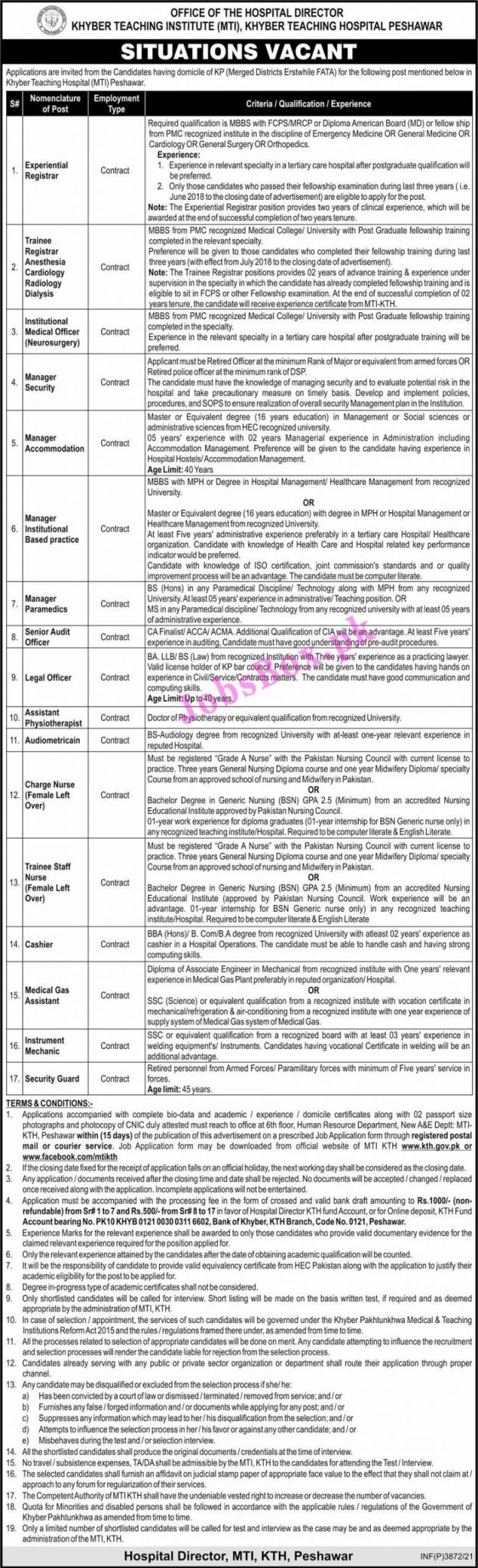 Khyber Teaching Hospital Peshawar Jobs 2021 – MTI-KTH Jobs