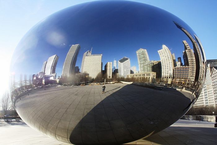 Cloud Gate, a public sculpture is the centerpiece of the AT&T Plaza in Millennium Park within the Loop community area of Chicago, Illinois, United States. The sculpture is nicknamed "The Bean" because of its bean-like shape. Made up of 168 stainless steel plates welded together, its highly polished exterior has no visible seams. 