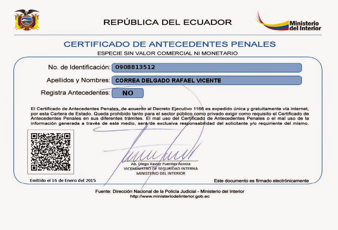 Solicitud de certificado de antecedentes penales Ecuador