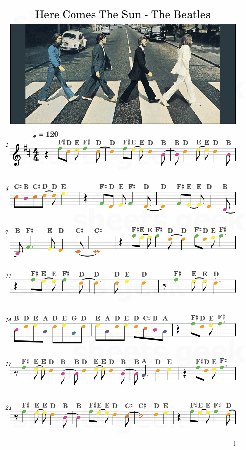 Here Comes The Sun - The Beatles Easy Sheet Music Free for piano, keyboard, flute, violin, sax, cello page 1