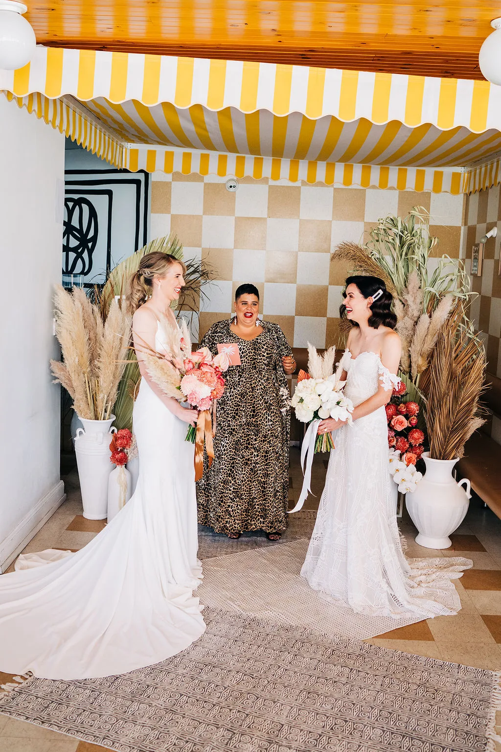 dani bartlett photography tropical twist floral design pampas grass bridal gowns jewellery bridal hair makeup