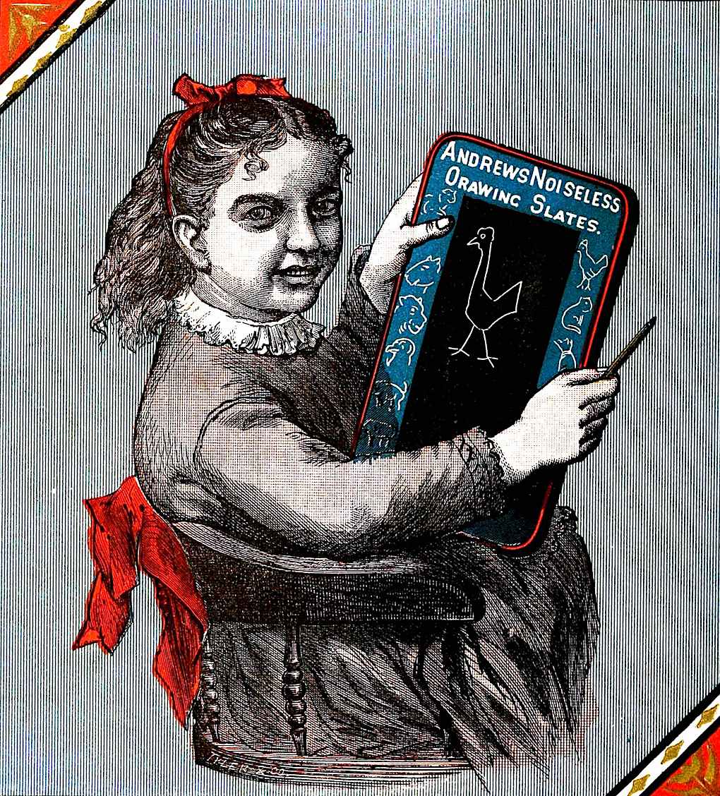 an 1878 drawing slate advertisement with a proud student