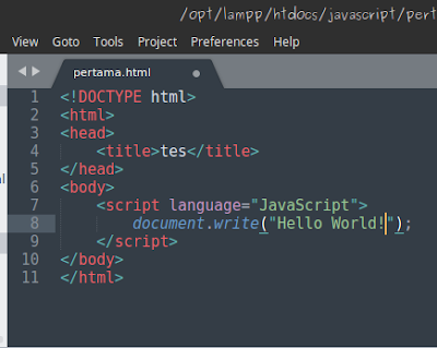 - script untuk membuat tulisan hello world dengan javascript