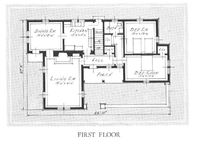 black and white drawing of first floor plan Sears Ellison in 1932 Sears Modern Homes catalog