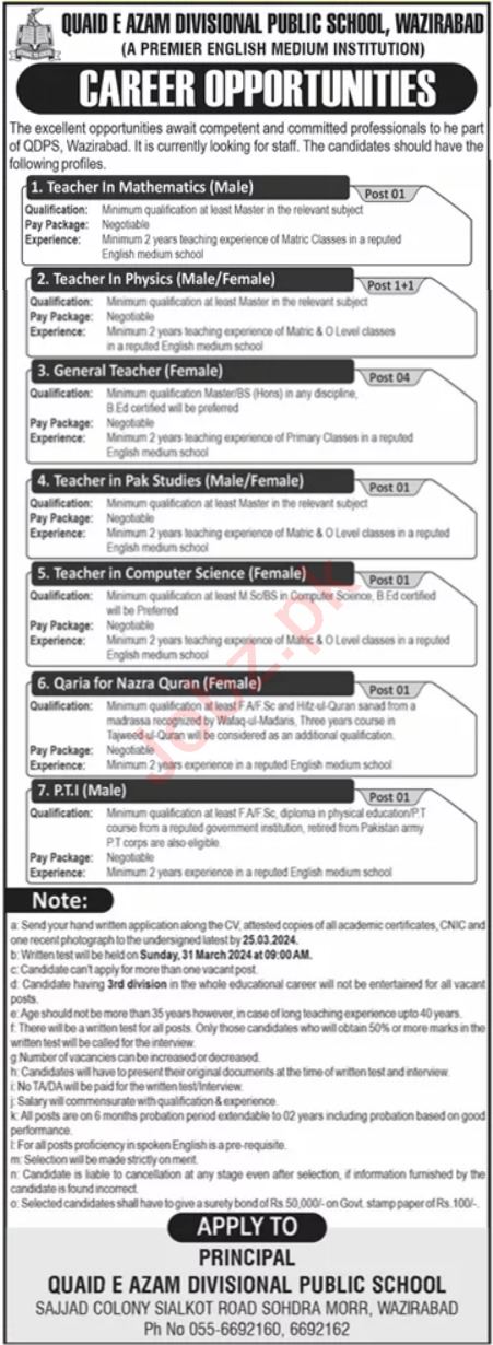 Quaid e Azam Divisional Public School Teaching Jobs 2024