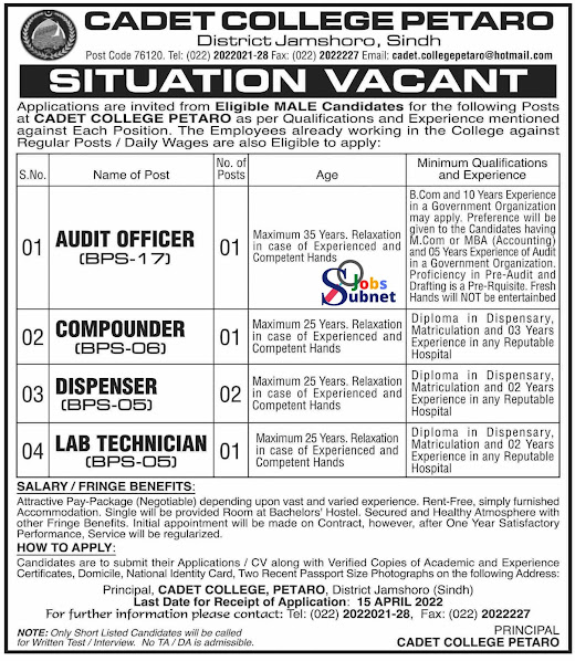 Latest jobs in pakistan Cadet College Petaro in Sindh 2022