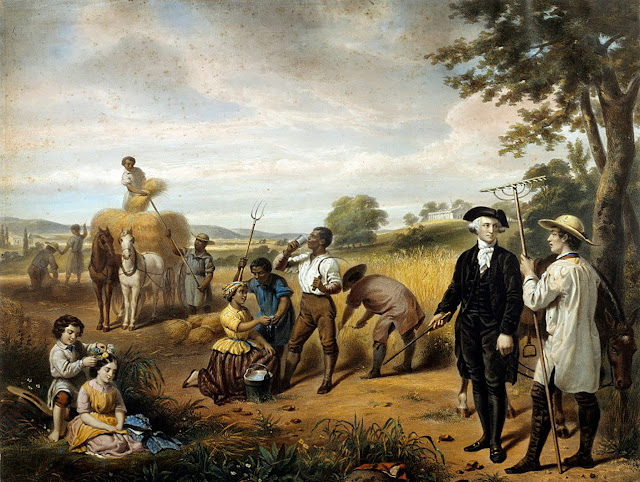 A lithographic print based on a Junius Brutus Stearns painting shows a wheat harvest in progress at Mt. Vernon. Enslaved African-Americans labor in the background, while white children play in the lower left corner and George Washington is portrayed talking with another white man in the lower right.