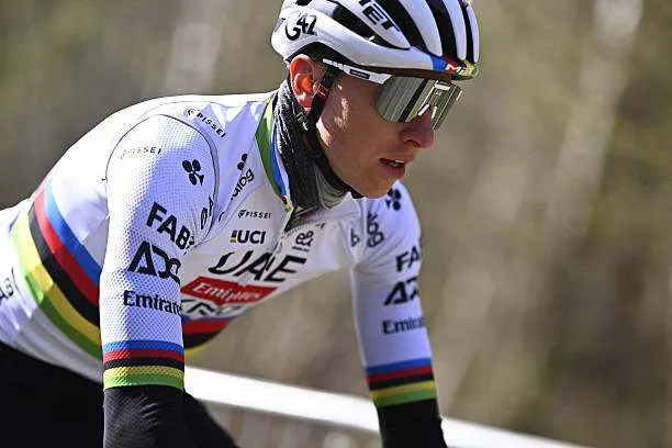 Tadej Pogacar of Slovenia from UAE Team Emirates rides during a reconnaissance of the 2025 Paris-Roubaix one-day cycling race route around Roubaix, France, on April 11, 2025. Photo by Jasper Jacobs/AFP