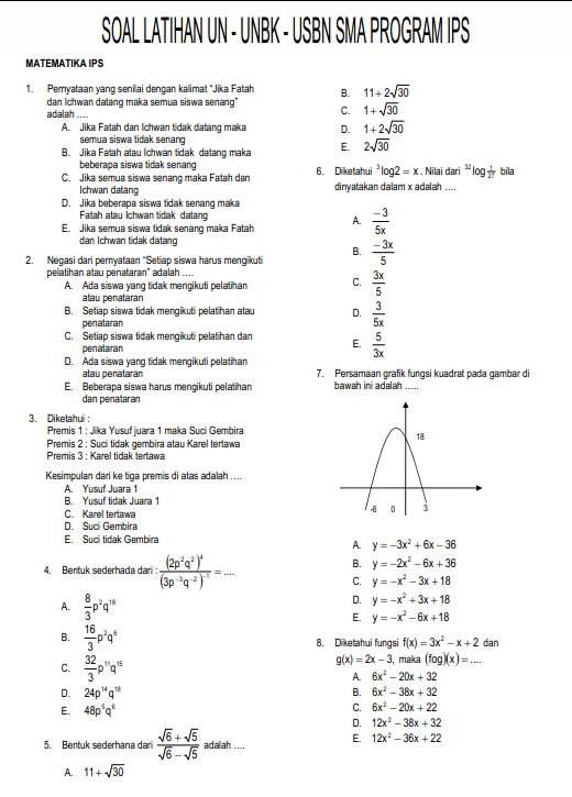 Soal Dan Jawaban Latihan Un Unbk Usbn Matematika Sma Program Ips