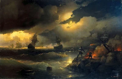 Peter I at Krasnaya Gorka Lighting a Fire on the Shore to Signal to his Sinking Ships (1846) painting Ivan Aivazovsky