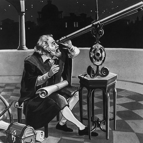 Galileo, seated at tripod with telescope (Source: The Getty Museum)