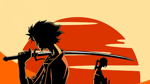 silhouettes of two samurai warriors in orange sunset background