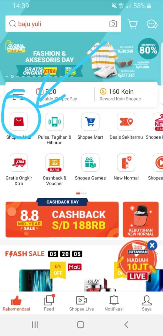 beranda Shopee mencari Shope Mall