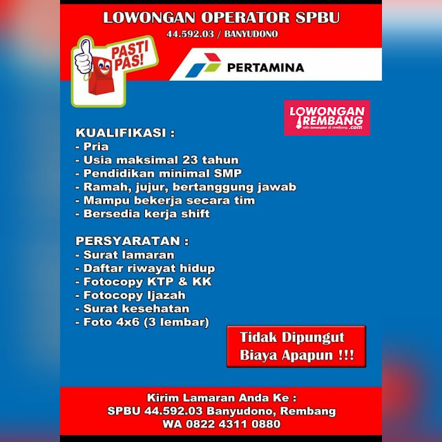Lowongan Kerja Pegawai Operator Pom Bensin SPBU 44 592 03 Banyudono Kaliori Rembang