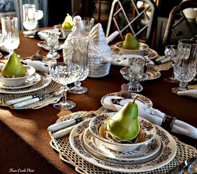 Vintage china, crystal stemware, brown and white tablescape, Fall tablescape, tablescape, 