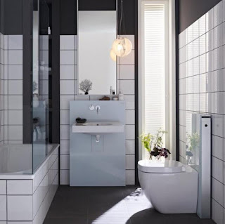 contemporary small bathroom design mixed with floating vanity sink and glass pendant lamp shade also futuristic toilet