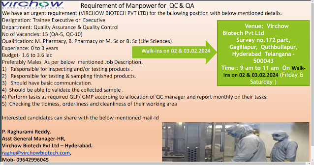 Virchow Biotech Walk in Interview For Manufacturing/ QA/ QC