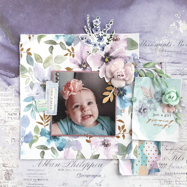 newborn photo scrapbook layout made with the Prima Marketing Watercolor Floral collection: ephemera, patterned paper, paper flowers, crystals; and Scrapbook.com adhesives: smart glue, foam adhesive