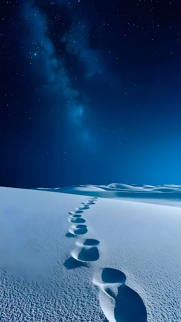 Starry Night Desert Wallpaper - Footprints in Blue Sand Dunes (4K UHD)